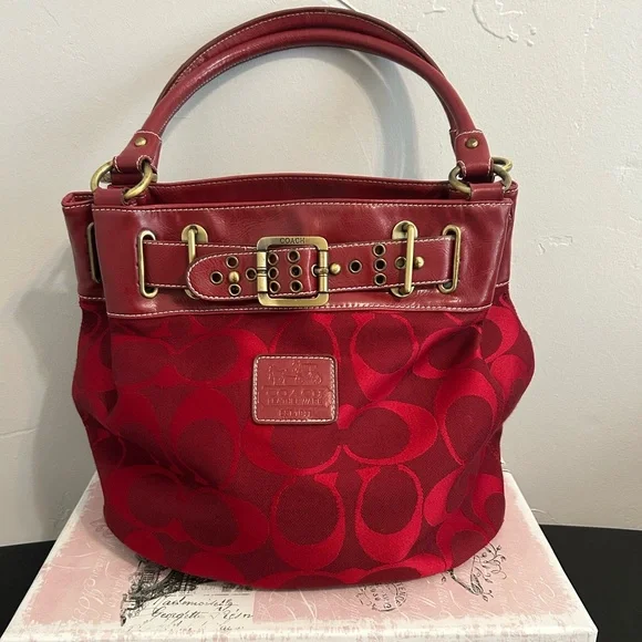 Coach Red Signature Tote with Buckle-Trim Handles - Picture 1 of 10